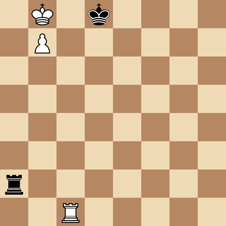Lucena Position rook endgame — White king on b8 with pawn on b7, Black king on d8, White rook on c1, Black rook on a2