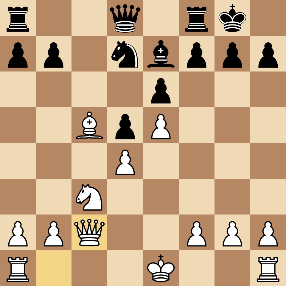 Greek Gift sacrifice setup — White bishop on c5, queen and rooks marshalled toward Black king on g8 for a Bxh7+ pattern