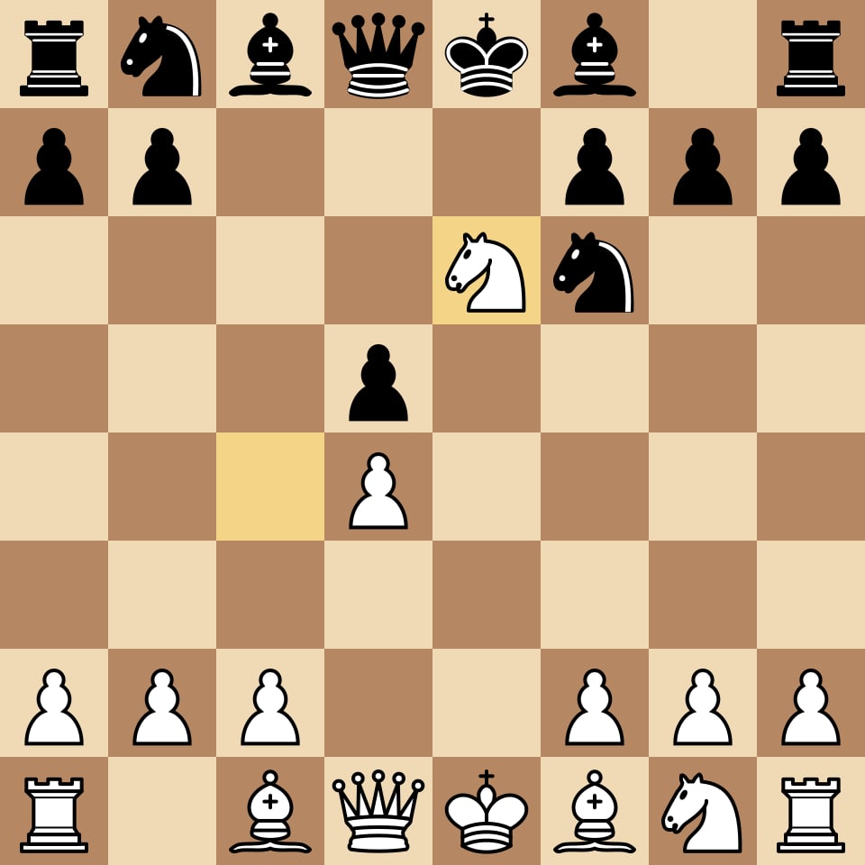 Position from Deep Blue vs Kasparov 1997 Game 6 — Deep Blue's 7.Nxe6 sacrifice that broke Kasparov's Caro-Kann