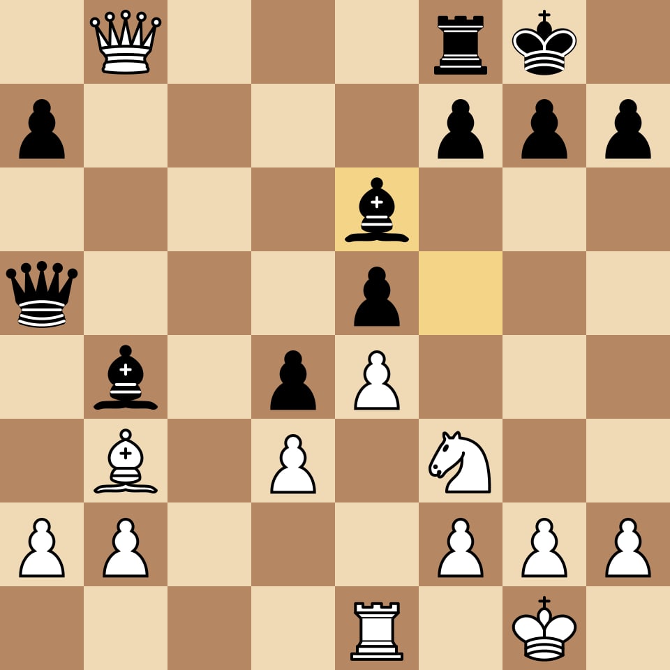 Position after Bobby Fischer's 17...Be6 — the move where the 13-year-old offered his queen to Donald Byrne in the Game of the Century