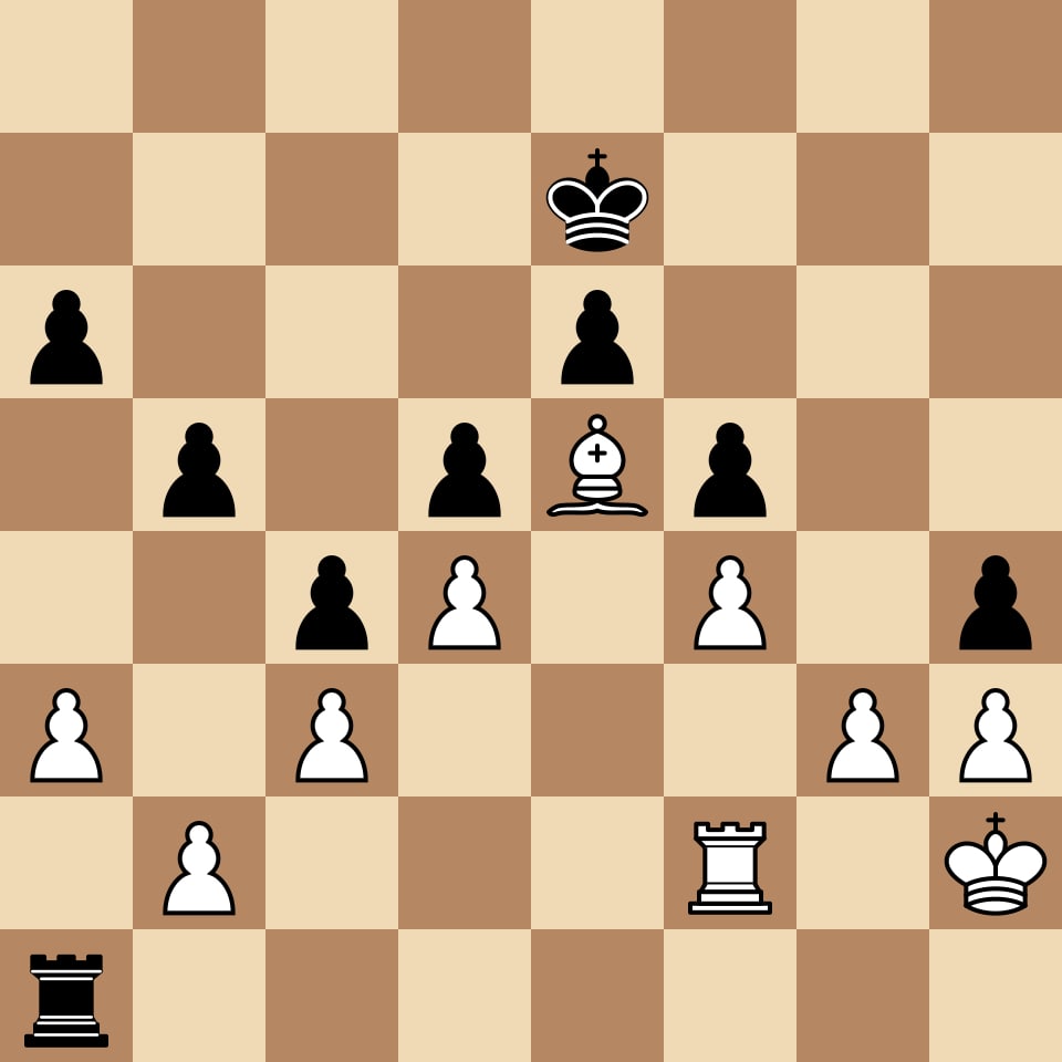 Final position of World Championship 2024 Game 14 — Ding Liren resigned after the blunder 55.Rf2 that allowed Gukesh's winning rook maneuver